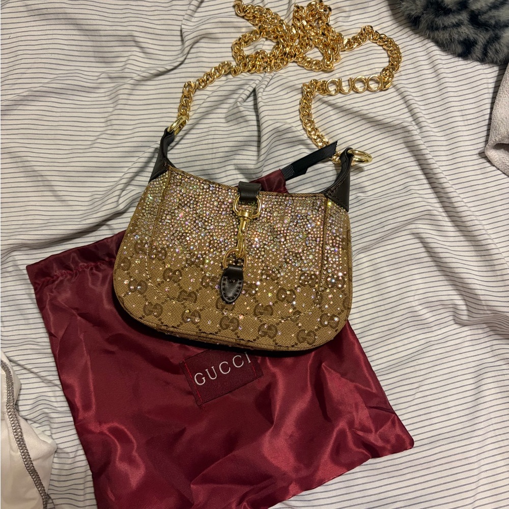 Gucci Brown GG Monogram Crystal-Embellished Shoulder Bag with Gold Chain